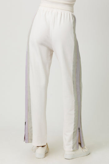 Mystree Mineral Washed Terry Knit Color Block Pants in Washed Ivory