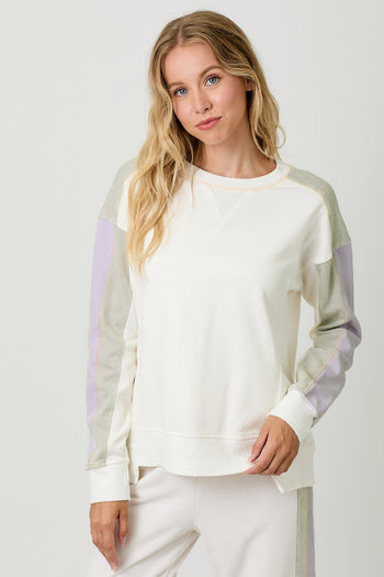 Mystree Mineral Washed Terry Knit Color Block Top in Washed Ivory
