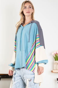 BlueVelvet Color Block Hooded Top in Blue Multi