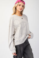 Easel Terry Knit Top with Flower Patch in Stone Grey