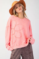 Easel Terry Knit Top with Flower Patch in Watermelon