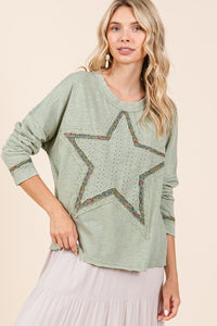 Mittoshop Star Patched Long Sleeve Top in Sage