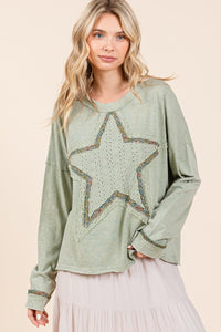 Mittoshop Star Patched Long Sleeve Top in Sage