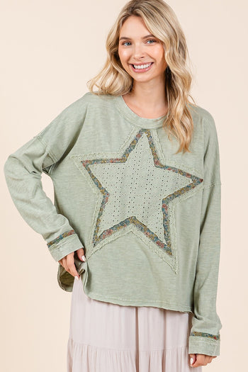 Mittoshop Star Patched Long Sleeve Top in Sage