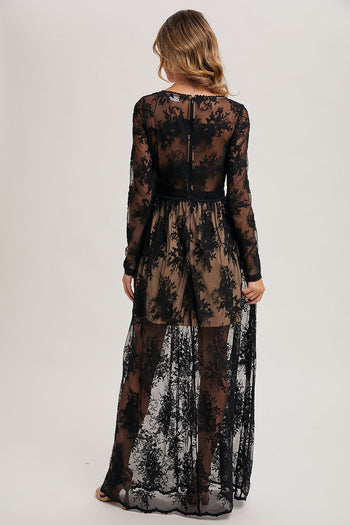 Bluivy Boho Floral Lace Maxi Dress with Lining in Black