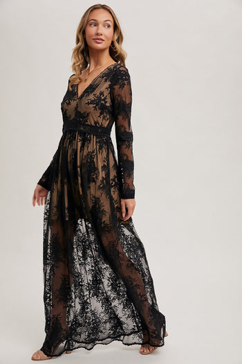 Bluivy Boho Floral Lace Maxi Dress with Lining in Black