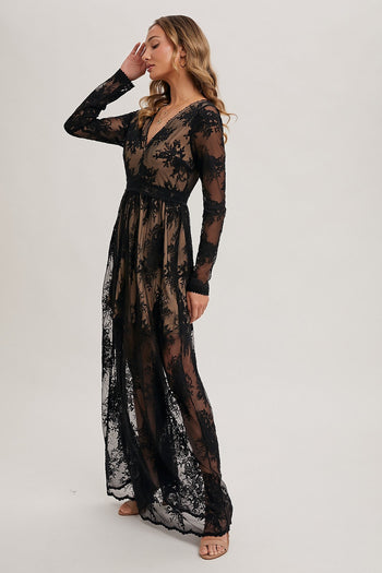Bluivy Boho Floral Lace Maxi Dress with Lining in Black