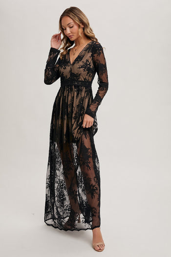 black boho long sleeve dress Black Tulle Long Sleeves Boho Wedding Dresses, MW1049