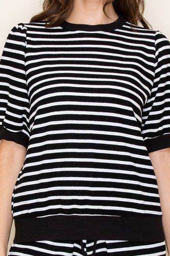 Tres Bien Cloudy Knit Striped Puff Sleeve Top in Black