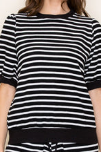 Load image into Gallery viewer, Tres Bien Cloudy Knit Striped Puff Sleeve Top in Black
