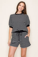 Load image into Gallery viewer, Tres Bien Cloudy Knit Striped Puff Sleeve Top in Black
