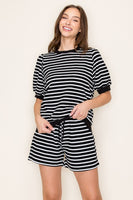 Tres Bien Cloudy Knit Striped Puff Sleeve Top in Black