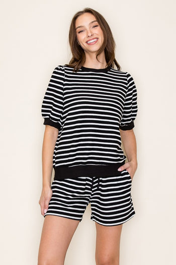 Tres Bien Cloudy Knit Striped Puff Sleeve Top in Black