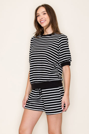 Tres Bien Cloudy Knit Striped Puff Sleeve Top in Black
