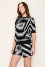 Load image into Gallery viewer, Tres Bien Cloudy Knit Striped Puff Sleeve Top in Black
