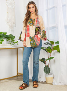 Young Threads Mixed Print Patchwork Peasant Top in Latte