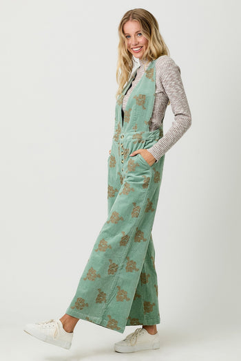 Mystree Embroidered Corduroy Jumpsuit in Washed Seafoam