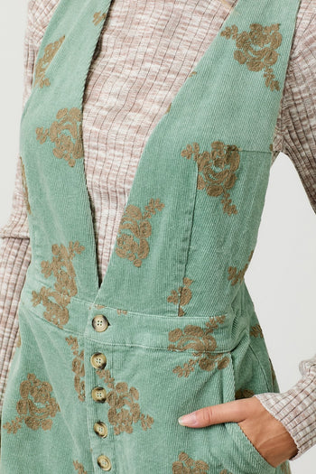 Mystree Embroidered Corduroy Jumpsuit in Washed Seafoam