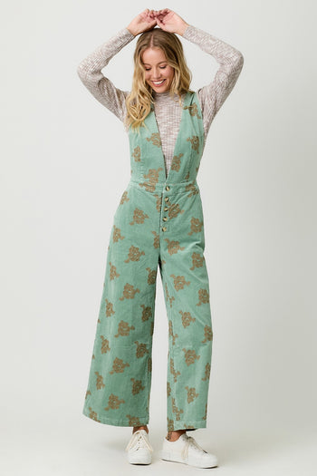 Mystree Embroidered Corduroy Jumpsuit in Washed Seafoam