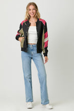 Load image into Gallery viewer, Mystree Color Block Bomber Jacket in Black Mix
