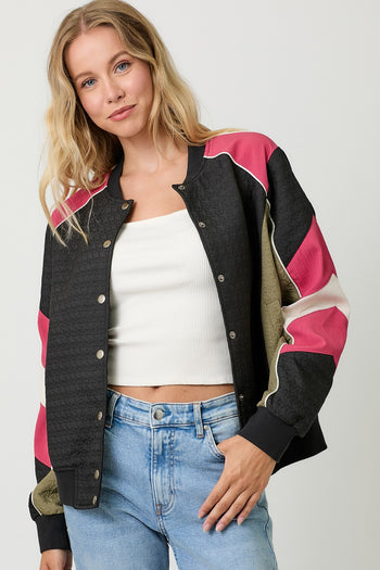 Mystree Color Block Bomber Jacket in Black Mix