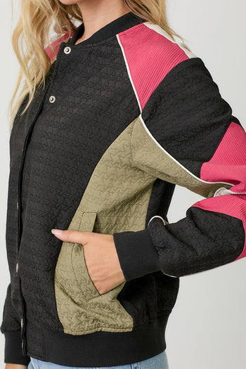 Mystree Color Block Bomber Jacket in Black Mix