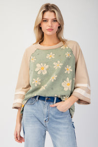 Easel Terry Knit Flower Print Top in Sage ON ORDER