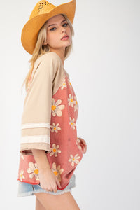 Easel Terry Knit Flower Print Top in Rust