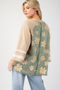 Easel Terry Knit Flower Print Top in Sage ON ORDER