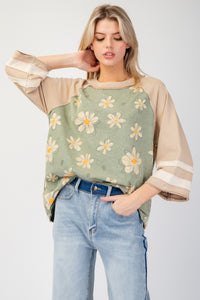 Easel Terry Knit Flower Print Top in Sage ON ORDER