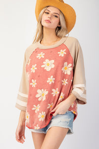 Easel Terry Knit Flower Print Top in Rust