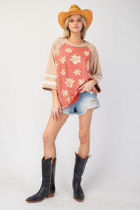 Easel Terry Knit Flower Print Top in Rust