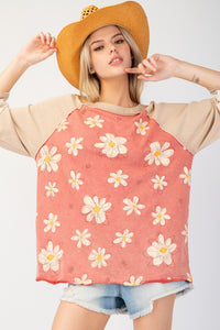 Easel Terry Knit Flower Print Top in Rust