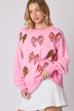 Load image into Gallery viewer, Peach Love Christmas Multi Colored Sequin Bow Sweatshirt in Candy Pink
