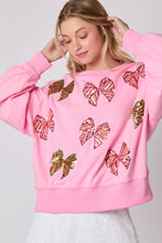 Load image into Gallery viewer, Peach Love Christmas Multi Colored Sequin Bow Sweatshirt in Candy Pink
