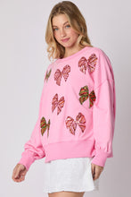 Load image into Gallery viewer, Peach Love Christmas Multi Colored Sequin Bow Sweatshirt in Candy Pink
