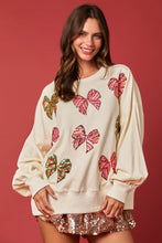 Load image into Gallery viewer, Peach Love Christmas Multi Colored Sequin Bow Sweatshirt in Cream
