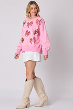 Load image into Gallery viewer, Peach Love Christmas Multi Colored Sequin Bow Sweatshirt in Candy Pink
