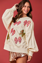 Load image into Gallery viewer, Peach Love Christmas Multi Colored Sequin Bow Sweatshirt in Cream
