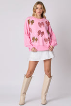 Load image into Gallery viewer, Peach Love Christmas Multi Colored Sequin Bow Sweatshirt in Candy Pink
