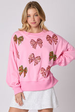 Load image into Gallery viewer, Peach Love Christmas Multi Colored Sequin Bow Sweatshirt in Candy Pink
