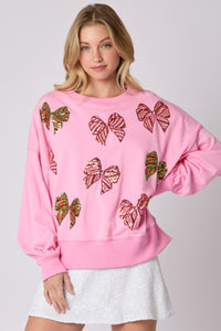 Peach Love Christmas Multi Colored Sequin Bow Sweatshirt in Candy Pink