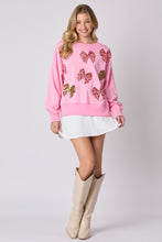 Load image into Gallery viewer, Peach Love Christmas Multi Colored Sequin Bow Sweatshirt in Candy Pink
