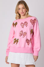 Load image into Gallery viewer, Peach Love Christmas Multi Colored Sequin Bow Sweatshirt in Candy Pink
