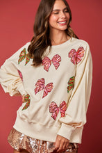 Load image into Gallery viewer, Peach Love Christmas Multi Colored Sequin Bow Sweatshirt in Cream
