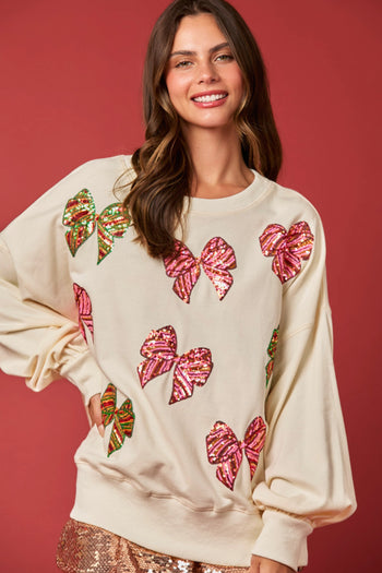 Peach Love Christmas Multi Colored Sequin Bow Sweatshirt in Cream