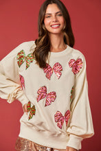 Load image into Gallery viewer, Peach Love Christmas Multi Colored Sequin Bow Sweatshirt in Cream
