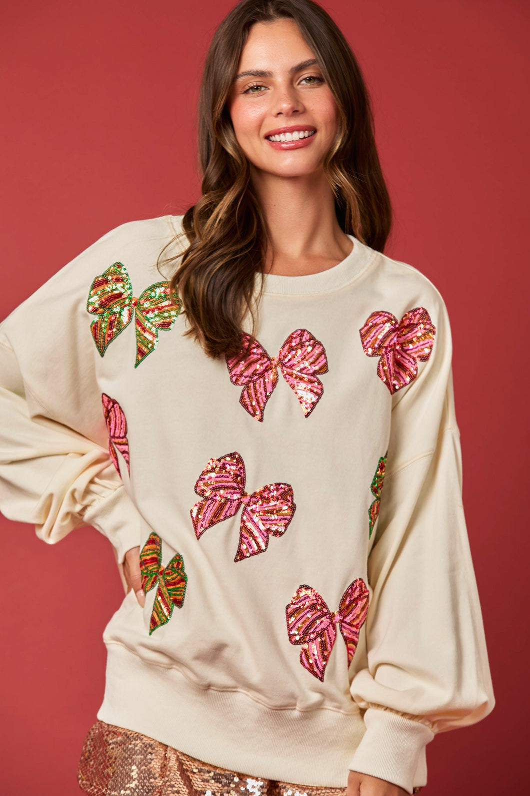 Peach Love Christmas Multi Colored Sequin Bow Sweatshirt in Cream