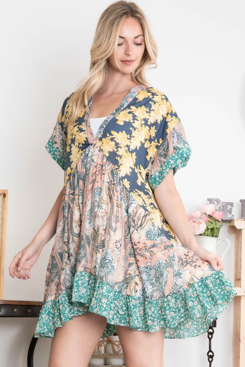 BlueVelvet Mixed Print Patchwork Mini Dress in Navy-Peach