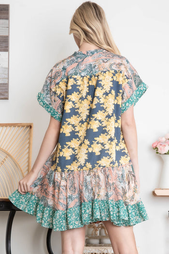 BlueVelvet Mixed Print Patchwork Mini Dress in Navy-Peach